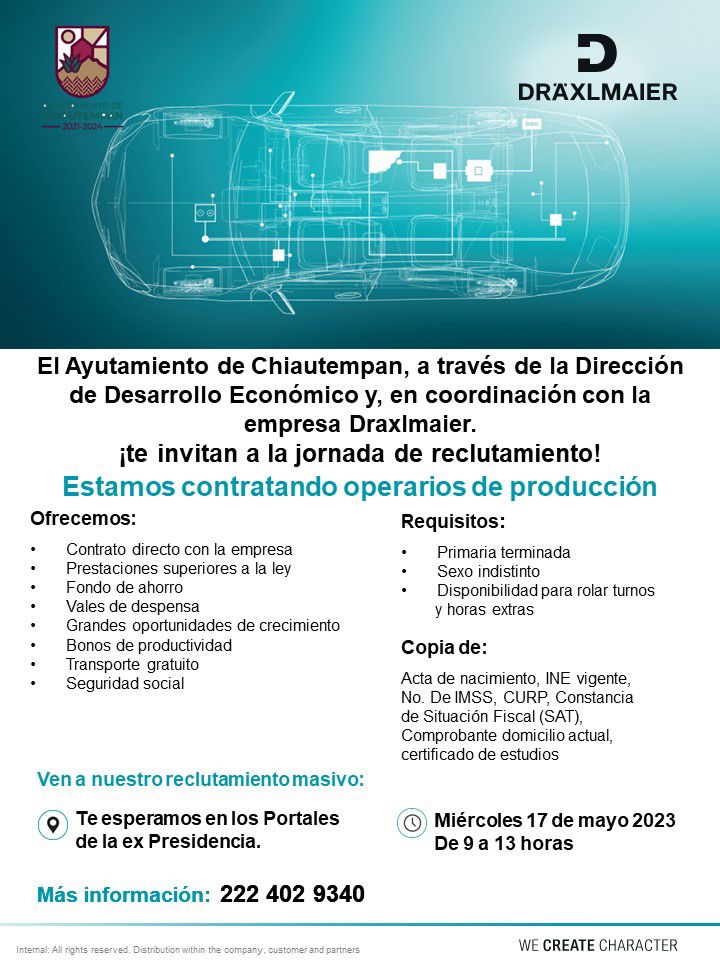 Invita Ayuntamiento de Chiautempan a Jornada de reclutamiento de empresa Draxlmaier